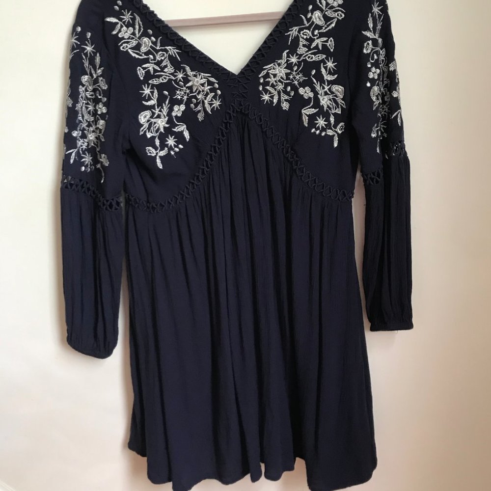 Long Sleeve Navy Blue Dress with Silver Detailing